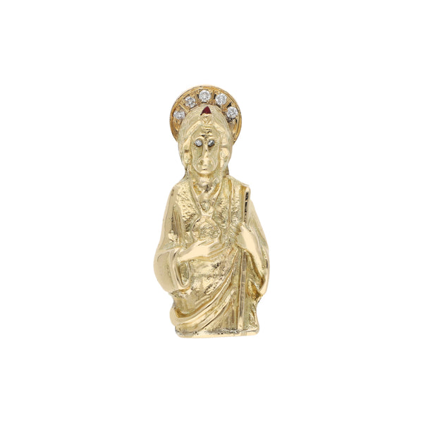 Medalla diseño especial motivo San Judas Tadeo con diamantes y sintético en oro amarillo 14 kilates.