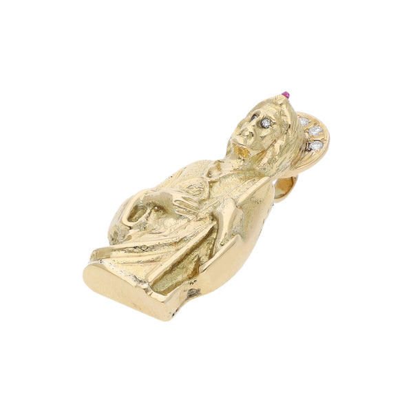 Medalla diseño especial motivo San Judas Tadeo con diamantes y sintético en oro amarillo 14 kilates.
