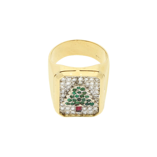Anillo tipo sello motivo pino con diamantes y gemas en oro amarillo 18 kilates.
