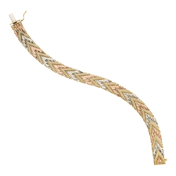 Pulsera eslabón boleado en oro tres tonos 14 kilates.