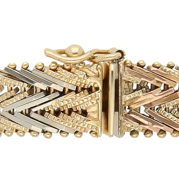 Pulsera eslabón boleado en oro tres tonos 14 kilates.