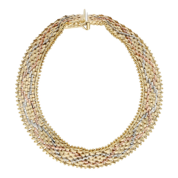 Pulsera eslabón boleado en oro tres tonos 14 kilates.