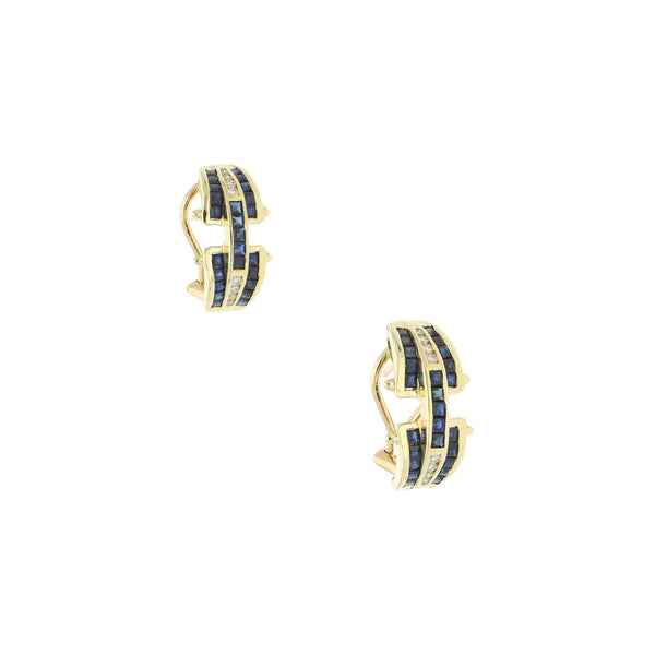 Aretes diseño especial con diamantes y zafiros en oro amarillo 14 kilates.