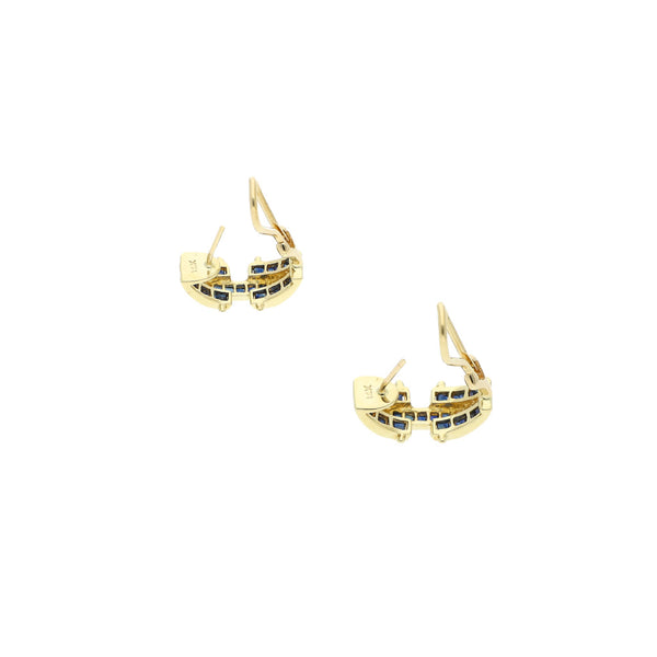 Aretes diseño especial con diamantes y zafiros en oro amarillo 14 kilates.