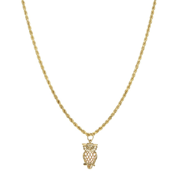 Collar eslabón torzal y dije calado motivo búho en oro tres tonos 14 kilates.