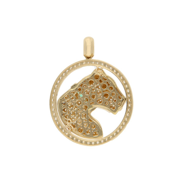 Dije diseño especial motivo felino con sintéticos en oro amarillo 14 kilates.