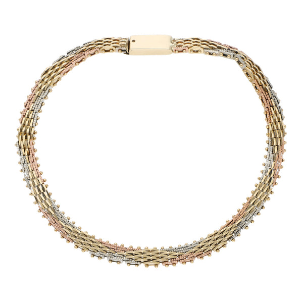 Pulsera eslabón boleado en oro tres tonos 14 kilates.