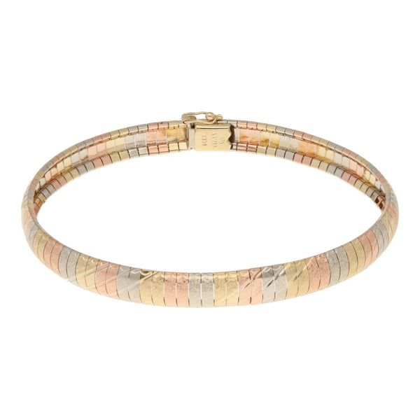 Pulsera eslabón laminado en oro tres tonos 14 kilates.