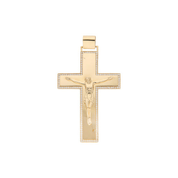 Crucifijo diseño especial con sintéticos en oro amarillo 14 kilates.