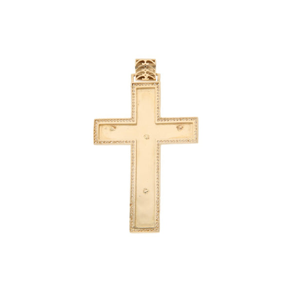 Crucifijo diseño especial con sintéticos en oro amarillo 14 kilates.