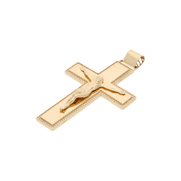 Crucifijo diseño especial con sintéticos en oro amarillo 14 kilates.