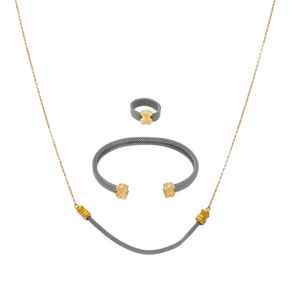 Juego de gargantilla eslabón cruzado con aplicaciones de acero, pulsera y anillo de acero eslabón tejido con aplicaciones motivo oso firma Tous en oro amarillo 18 kilates.