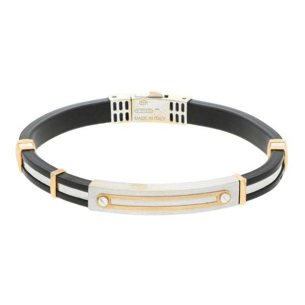 Pulsera de arillo en caucho con broche y aplicaciones firma Zancan en oro dos tonos 18 kilates.