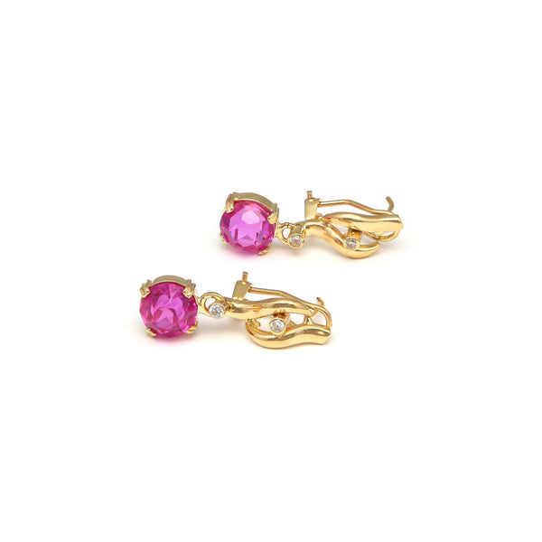 Aretes diseño especial con monzanitas y sintéticos en oro amarillo 14 kilates.
