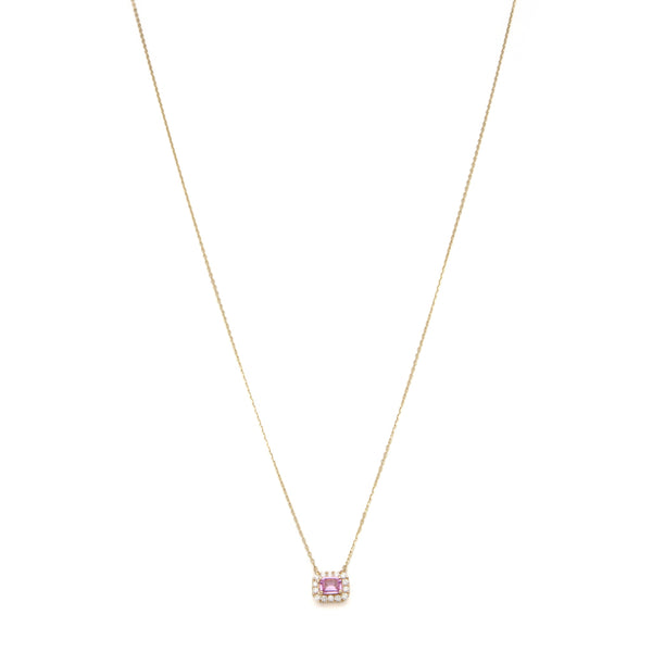Gargantilla eslabón cruzado con colgante, diamantes y zafiro rosa en oro amarillo 14 kilates.