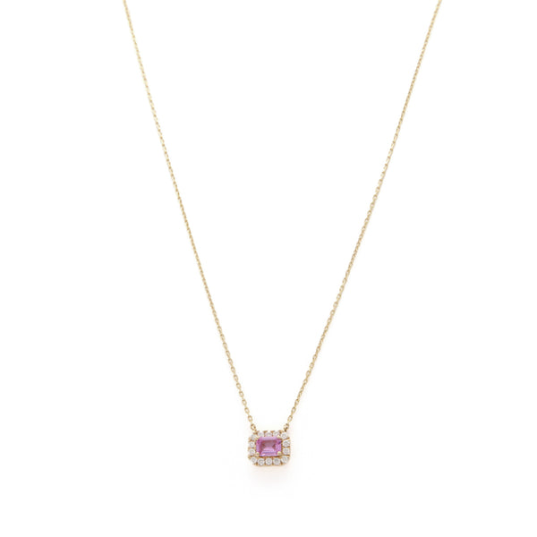 Gargantilla eslabón cruzado con colgante, diamantes y zafiro rosa en oro amarillo 14 kilates.