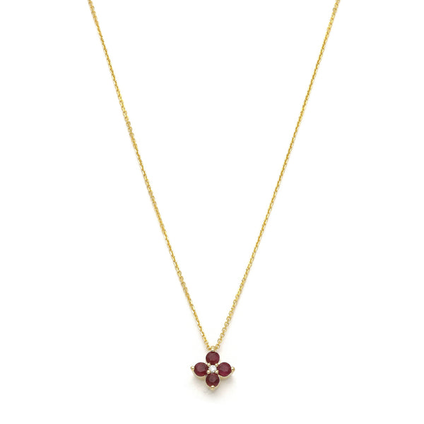 Gargantilla eslabón cruzado y dije diseño especial con diamantes y rubíes en oro amarillo 14 kilates.