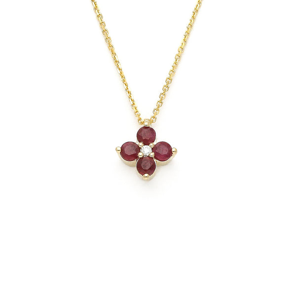 Gargantilla eslabón cruzado y dije diseño especial con diamantes y rubíes en oro amarillo 14 kilates.