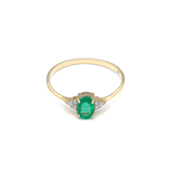 Anillo diseño especial con diamantes y esmeralda en oro amarillo 14 kilates.
