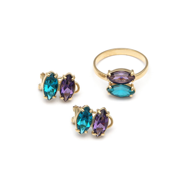 Juego de anillo y aretes diseño especial con amatista y obsidiana en oro amarillo 14 kilates.