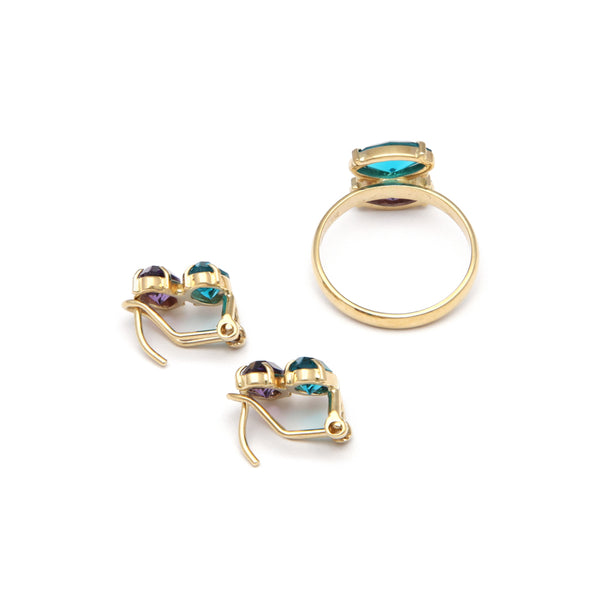 Juego de anillo y aretes diseño especial con amatista y obsidiana en oro amarillo 14 kilates.