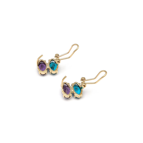 Juego de anillo y aretes diseño especial con amatista y obsidiana en oro amarillo 14 kilates.