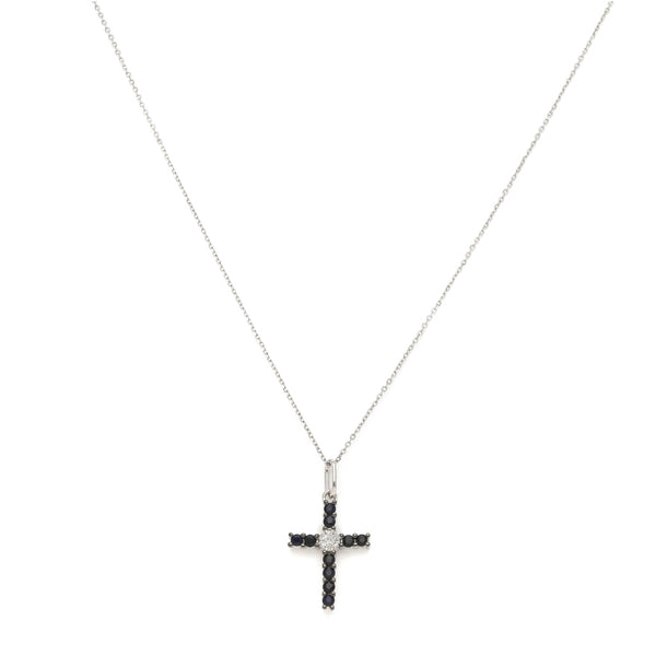 Gargantilla eslabón cruzado y cruz diseño especial con diamantes y zafiros en oro blanco 14 kilates.