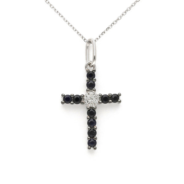 Gargantilla eslabón cruzado y cruz diseño especial con diamantes y zafiros en oro blanco 14 kilates.
