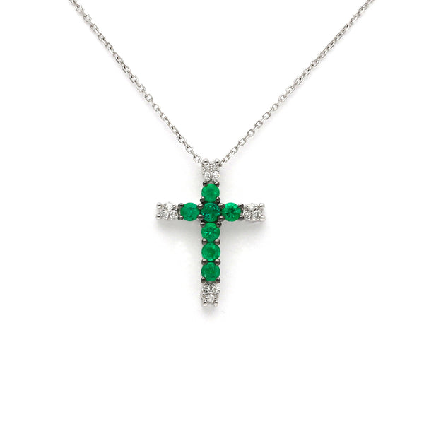 Gargantilla eslabón cruzado y cruz diseño especial con diamantes y esmeralda en oro blanco 14 kilates.