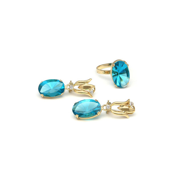 Juego de anillo y aretes diseño especial con obsidiana azul y diamantes en oro amarillo 14 kilates.