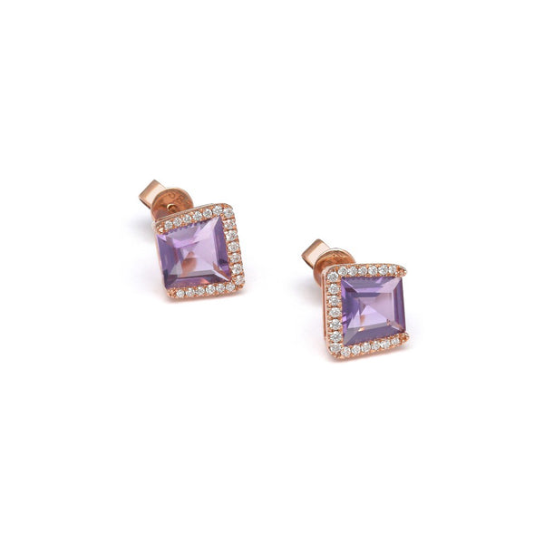 Aretes diseño especial con diamantes y amatistas en oro rosa 14 kilates.