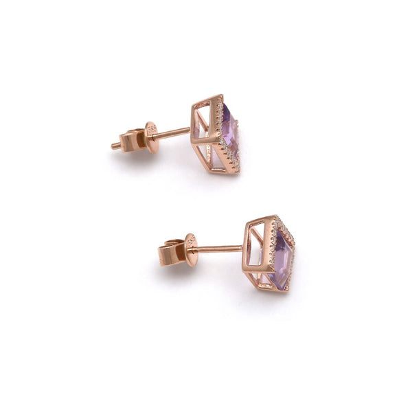 Aretes diseño especial con diamantes y amatistas en oro rosa 14 kilates.