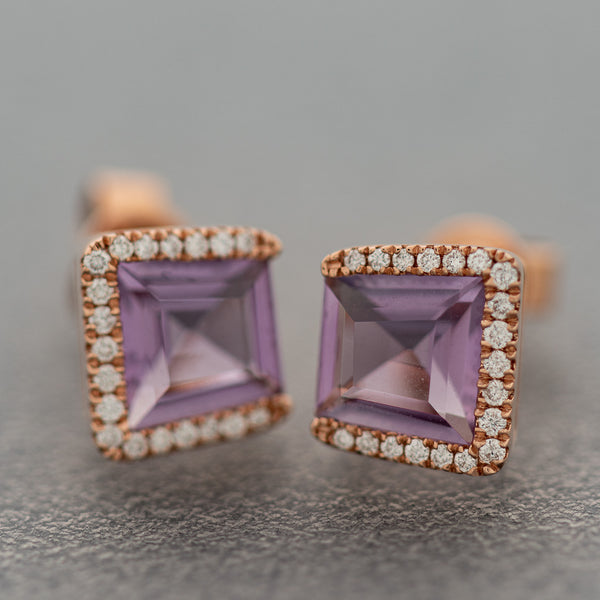 Aretes diseño especial con diamantes y amatistas en oro rosa 14 kilates.