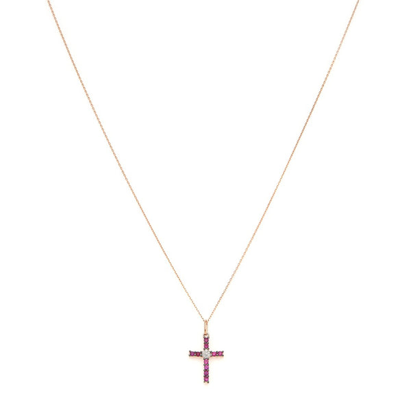 Gargantilla eslabón cruzado y cruz con diamantes y rubies en oro rosa 14 kilates.