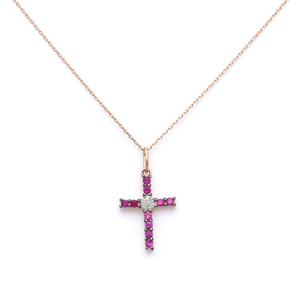 Gargantilla eslabón cruzado y cruz con diamantes y rubies en oro rosa 14 kilates.