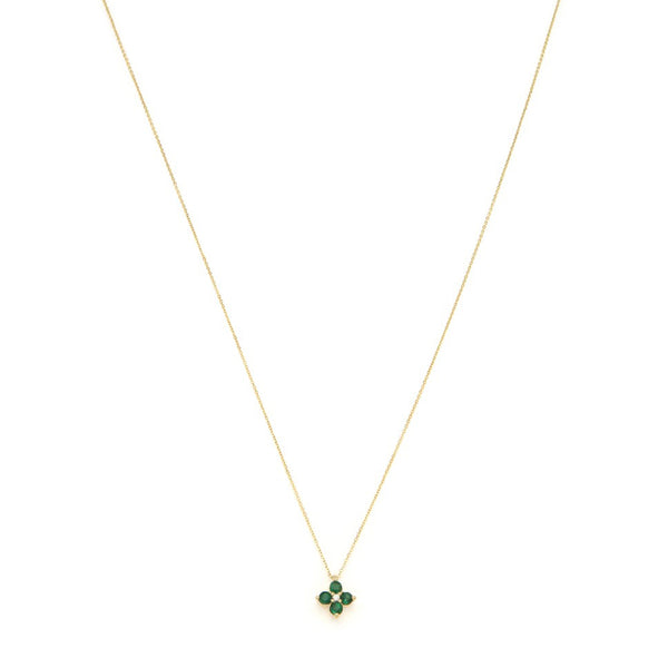 Gargantilla eslabón cruzado y dije diseño especial con diamantes y esmeraldas en oro amarillo 14 kilates.