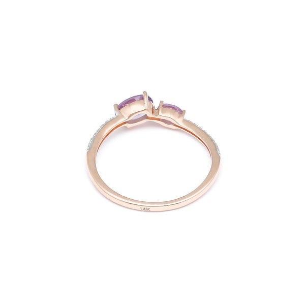 Anillo diseño especial con diamantes y amatistas en oro rosa 14 kilates.