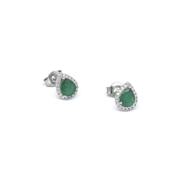 Aretes diseño especial con diamantes y esmeraldas en oro blanco 14 kilates.