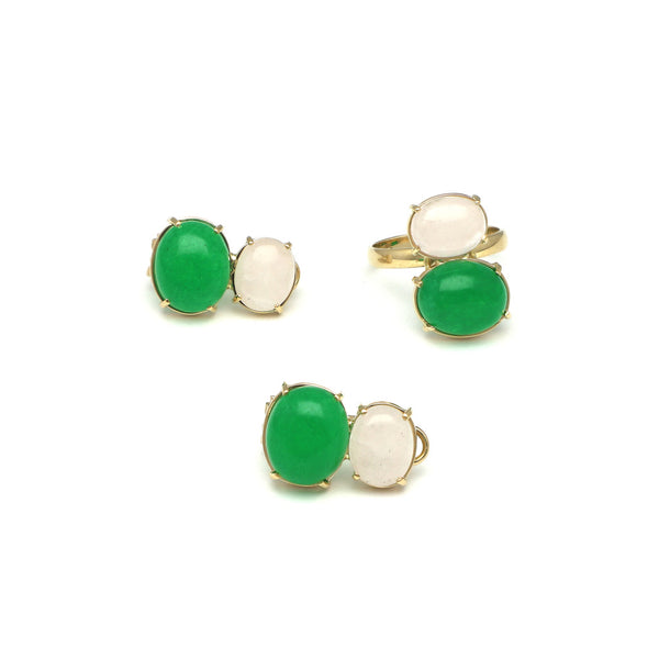 Juego de aretes y anillos con jade y piedra de luna en oro amarillo 14 kilates.
