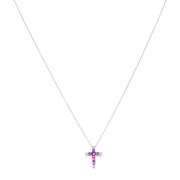 Gargantilla eslabón cruzado y cruz diseño especial con diamantes y Rubíes en oro blanco 14 kilates.