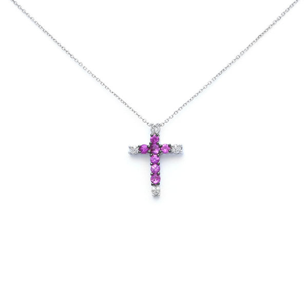 Gargantilla eslabón cruzado y cruz diseño especial con diamantes y Rubíes en oro blanco 14 kilates.