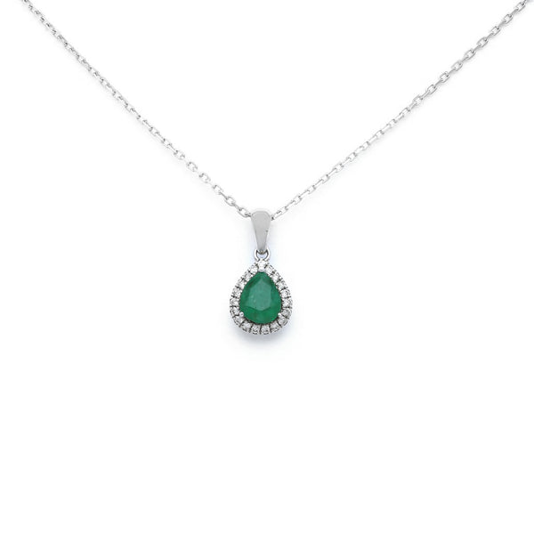Gargantilla eslabón cruzado y dije diseño especial con diamantes y esmeralda en oro blanco 14 kilates.