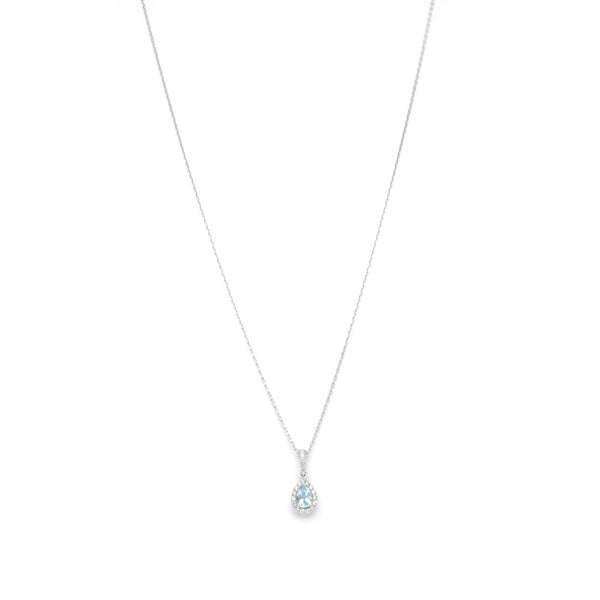 Gargantilla eslabón cruzado y dije diseño especial con diamantes y aguamarina en oro blanco 14 kilates.