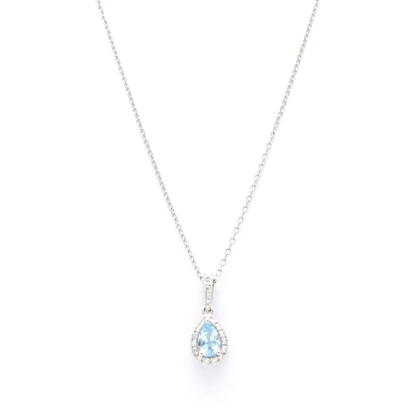 Gargantilla eslabón cruzado y dije diseño especial con diamantes y aguamarina en oro blanco 14 kilates.