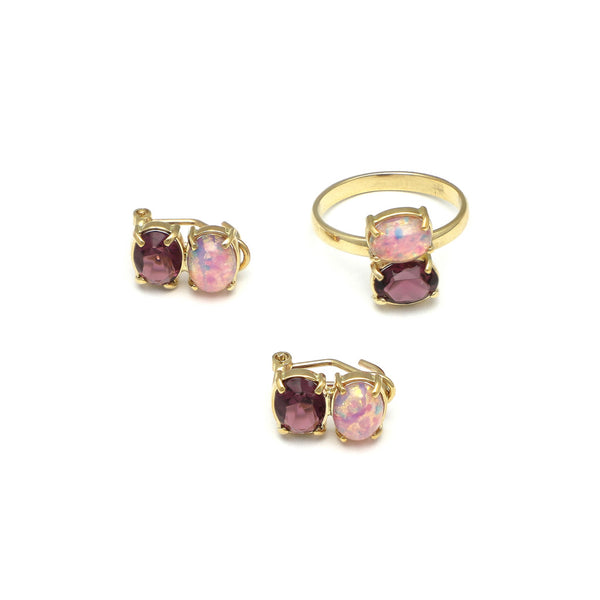 Juego de anillo y aretes diseño especial con amatistas y ópalos en oro amarillo 14 kilates.