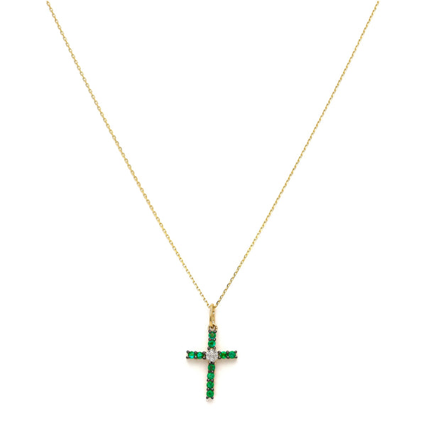 Gargantilla eslabón cruzado y cruz diseño especial con diamantes y esmeralda en oro amarillo 14 kilates.