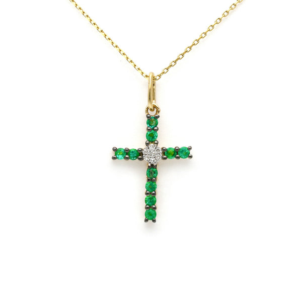 Gargantilla eslabón cruzado y cruz diseño especial con diamantes y esmeralda en oro amarillo 14 kilates.