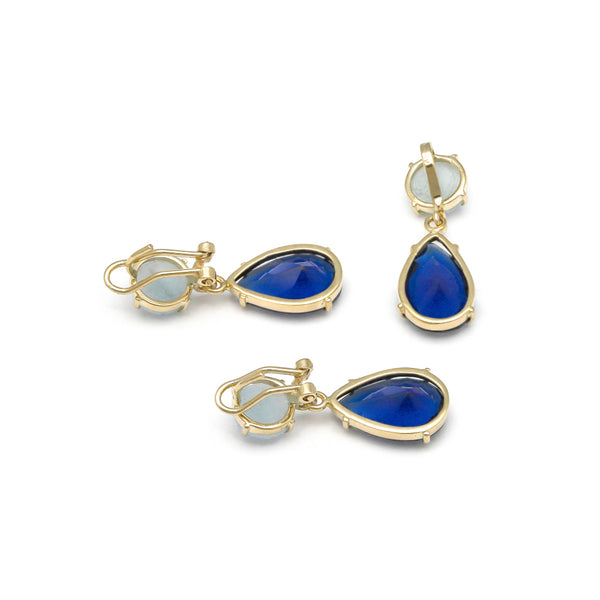 Juego de aretes y dije diseño especial con zafiros y aguamarinas en oro amarillo 14 kilates.