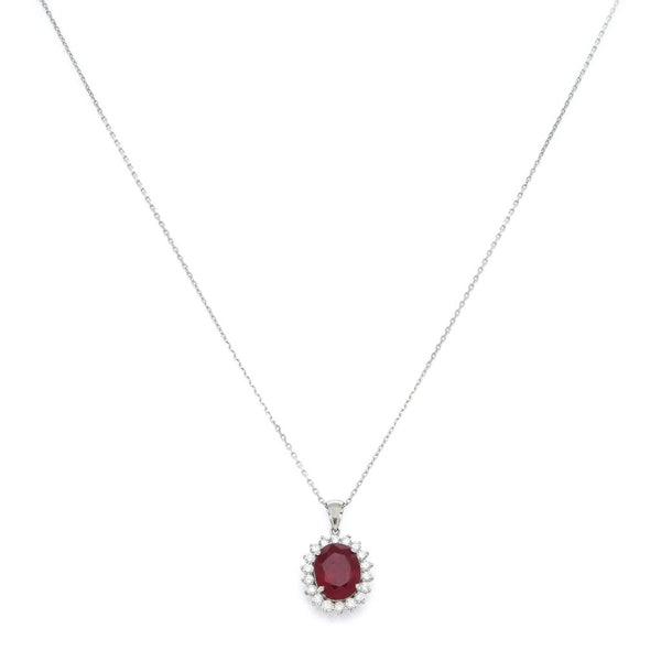 Gargantilla eslabón cruzado y dije diseño especial con diamantes y rubí en oro blanco 14 kilates.