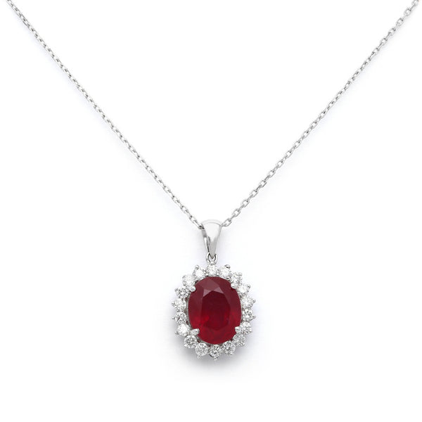 Gargantilla eslabón cruzado y dije diseño especial con diamantes y rubí en oro blanco 14 kilates.